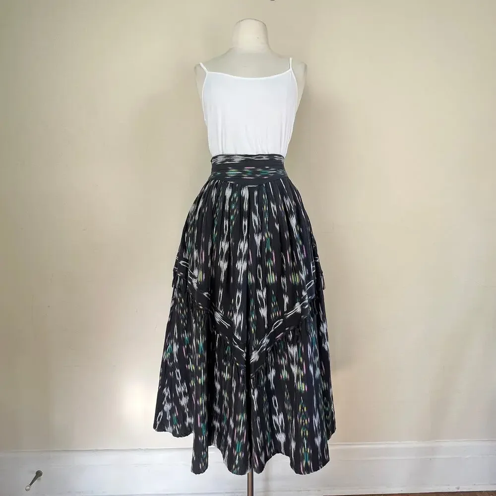 Vintage Ikat El Huarache skirt Sz M fringe Tiered Boho Gypsy Full ethnic 70s